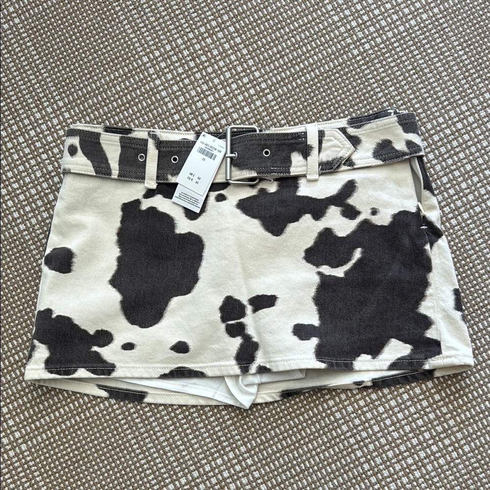 Abercrombie & Fitch Cow Print Mini Skirt with Belt - Black & Cream
